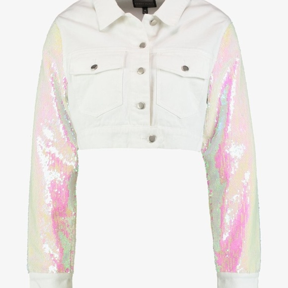 WHITE Denim jacket with sequin sleeves - Picture 2 of 4